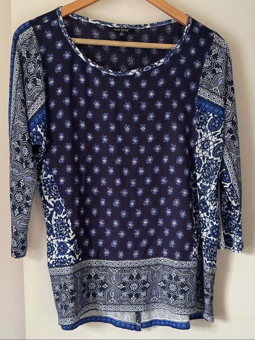 Lucky Brand Navy and White Printed Long-Sleeve Scoop Neck Top